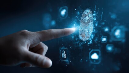 Fingertip interacts with a holographic fingerprint, surrounded by digital icons