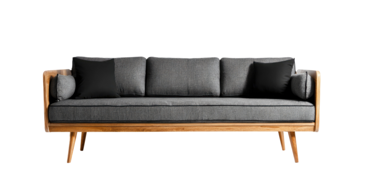Mid-century modern sofa with dark gray fabric and light wood frame
