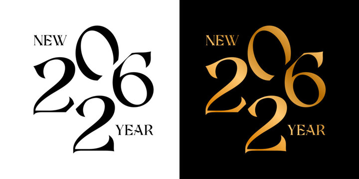New Year 2026 celebration graphic in black and white with gold accents