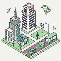 Naklejka premium Isometric city landscape with buildings, roads, vehicles, trees and wifi signal illustration