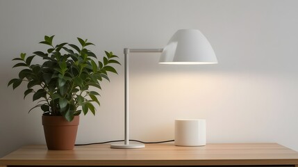 Bright modern desk setup featuring a sleek white lamp illuminating a lush green potted plant and minimalist decor creating a serene workspace atmosphere.