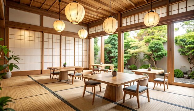 A cozy Japanese-style caf&eacute; interior with low wooden tables, tatami mats, paper lanterns, and soft ambient lighting