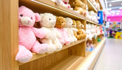 A row of adorable plush dolls arranged by size from small to large on a wooden shelf in a toy store. Bright lighting, colorful and cheerful atmosphere, perfect for kids