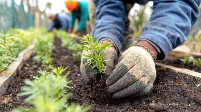 Crisp detail on a single seedling being transferred by a cooperative worker softfocused colleagues and nursery beds form the supportive backdrop.