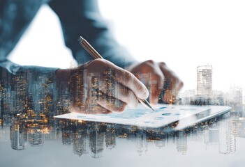 Businessperson analyzing data on tablet, city skyline overlay