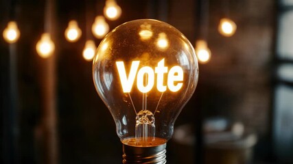 Lightbulb glowing "Vote," amidst other hanging bulbs, promoting voting importance