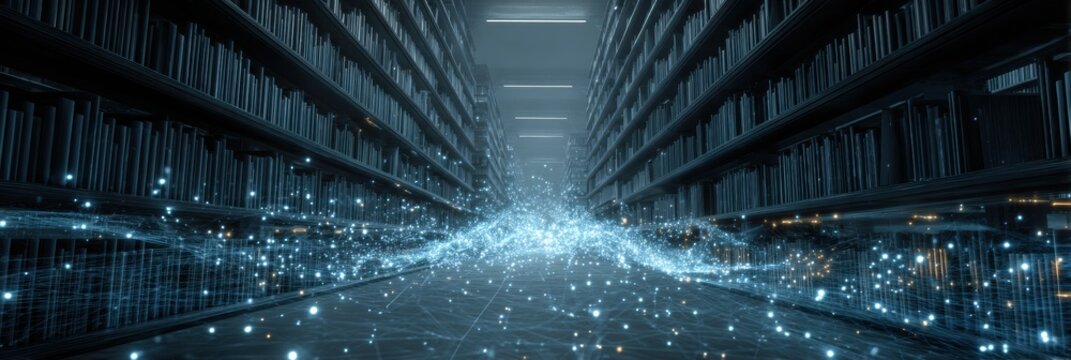 Digital Transformation in a Futuristic Library Filled With Books and Glowing Data Streams at Night