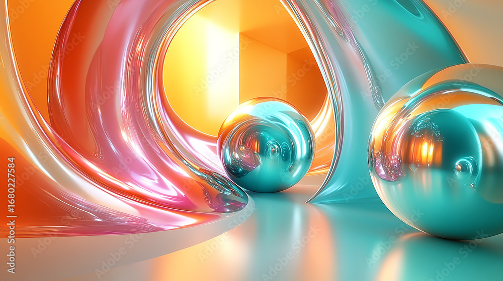 Wall mural a creative blend of flowing forms and polished metallic spheres. a beautiful and captivating digital