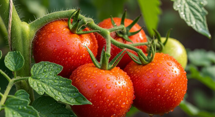 close up of fresh red tomatoes on green vine