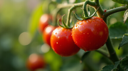 close up of fresh red tomatoes on green vine