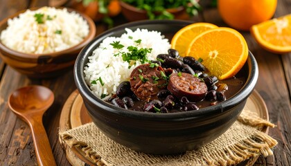 Delicious bowl of traditional Brazilian feijoada, a savory black bean stew with pork and orange