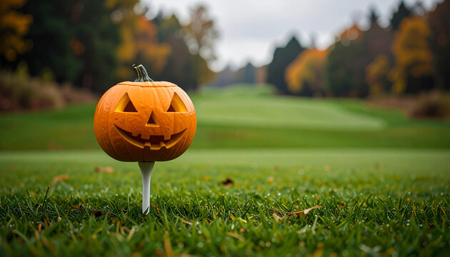 A carved pumpkin on a golf tee with fall foliage in the background