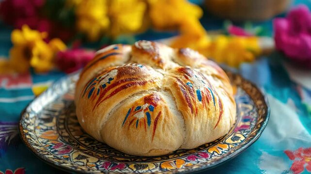 Decorated round bread on patterned plate with colorful flowers