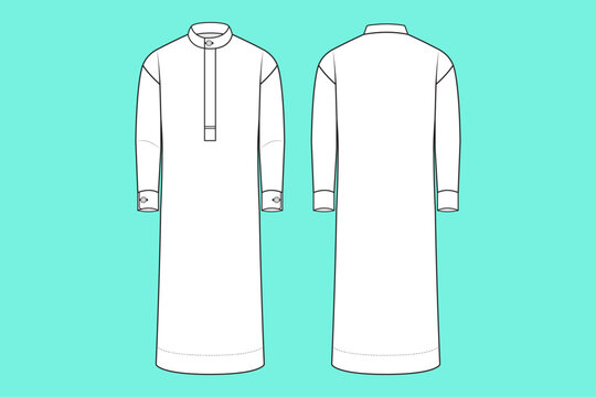 Men's Long Sleeve Saudi Style Thobe Apparel Fashion Flat Sketch Technical Drawing Template Outline.