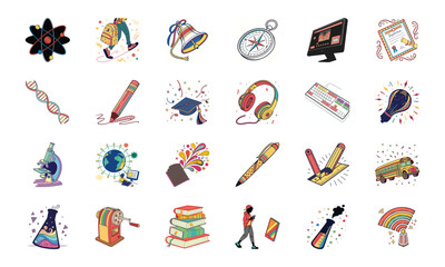 Fototapeta premium Colorful Education Icons Bundle with Science, Technology, School Supplies, Learning Tools, Graduation, Laboratory and Creative Study Elements