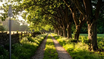 Fototapeta premium Sunlit country lane lined with trees
