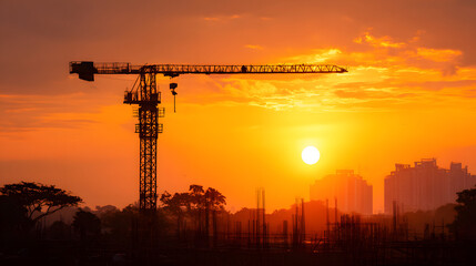 Construction crane silhouette sunrise growth new beginnings urban development morning sky