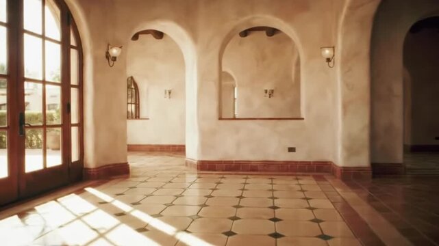 Elegant unfurnished room in a luxurious Spanish style villa with arched doorways, terracotta tile floors, and warm sunlight creating shadows