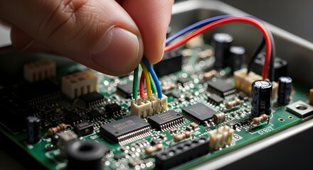 Close-up of hand connecting wires to circuit board; technology, electronics, repair, precision, detail.