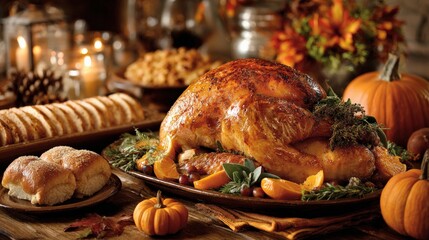 Festive Feast: A bountiful thanksgiving spread with a golden-roasted turkey, surrounded by classic side dishes, pumpkins, candles, and autumn foliage, invoking warmth and togetherness. Generative Ai