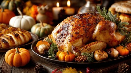 Thanksgiving Feast: A lavish Thanksgiving spread, featuring a golden-roasted turkey, surrounded by an array of autumn harvest elements, including pumpkins, gourds, and candles. Generative Ai