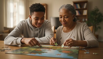 African American teen and grandparent solving puzzle at dining table