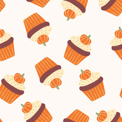 Seamless pattern with pumpkin cupcakes on a light lavender background. Cute autumn dessert illustration featuring orange cupcakes with frosting and mini pumpkins.