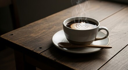 Hot Coffee in a Cup on a Wooden Table.