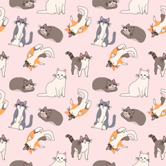 Fototapeta premium Seamless pattern with cute cartoon cats on a pastel pink background. Playful kitty illustrations in different poses – sitting, stretching, sleeping, and rolling. Perfect for kids’ design, fabric.