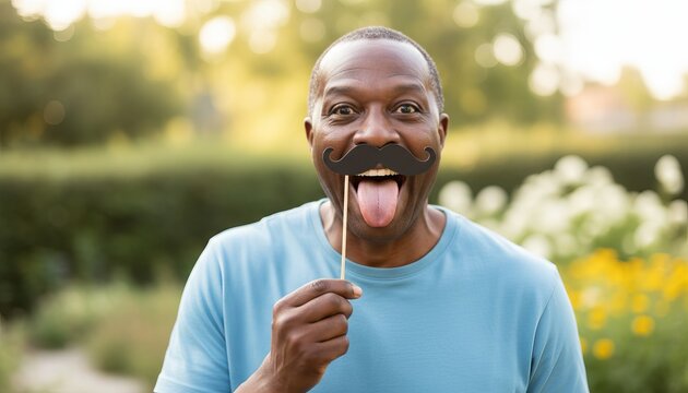 African American man playfully holds fake moustache prop and sticks out tongue outdoors