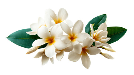 Fototapeta premium Delicate white Plumeria flowers with vibrant yellow centers and green leaves, cut out transparent