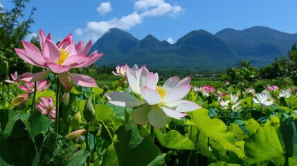 A serene view of a lotus flower garden against a backdrop of majestic mountains and a clear blue sky