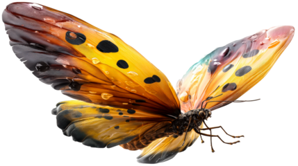 Detailed closeup of a vibrant orange butterfly with dew drops on its wings, cut out transparent