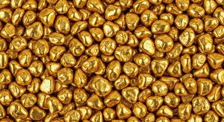 Closeup, overhead view of a pile of small, irregular golden nuggets, resembling pebbles or candy, with a metallic sheen