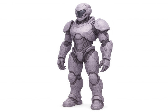 Futuristic robot soldier wearing heavy armor and helmet standing guard, on a transparent background