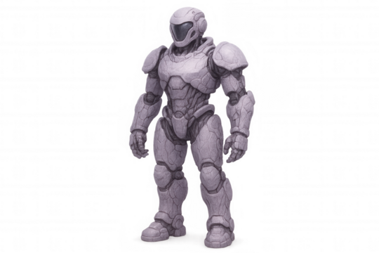 Futuristic robot soldier wearing heavy armor and helmet standing guard, on a transparent background