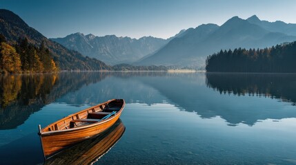 Obraz premium A serene landscape featuring a wooden boat floating gently on a tranquil lake with a backdrop of majestic mountains reflected in the water. The scene evokes a sense of peace and natural beauty