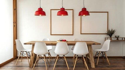 Modern Dining Room with Rustic Wooden Table White Chairs and Bright Red Pendant Lights Creates a Warm Inviting Atmosphere