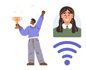 Person raising trophy in celebration, female portrait and wireless symbol. Ideal for success, online collaboration, achievement, education, remote communication, digital networking, simple flat