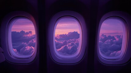 Obraz premium The view of beautiful sky through airplane windows at the twilight. The window frames a gorgeous view with the soft colors of the twilight sky