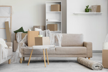 Grey sofas with cardboard boxes in living room on moving day