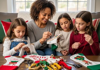 Aunt teaching nieces embroidery on handmade Christmas stockings