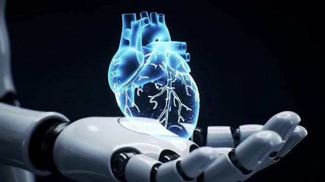 Robotic hand holds holographic heart