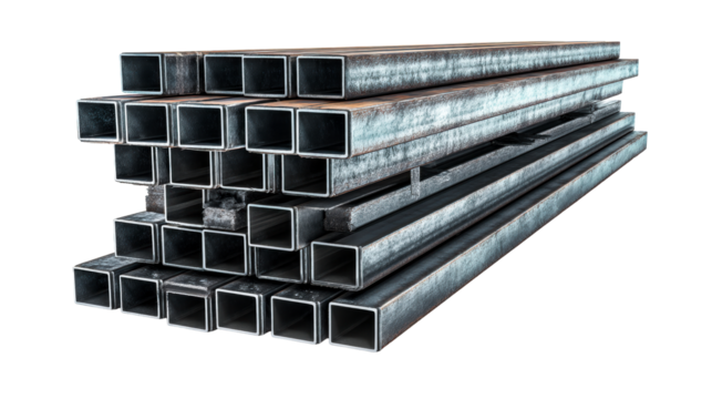 Stack of Metal Square Tubes with Weathered Surface Texture, cut out transparent