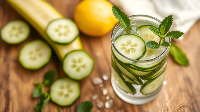 Cucumber-infused water for natural hydration with a refreshing twist, used in detox regimens, spa menus, or wellness product photography