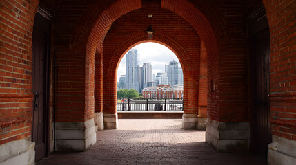 Fototapeta premium Historic brick archway reveals modern city skyline architectural contrast
