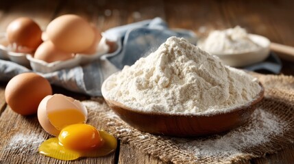 Fototapeta premium A still life composition featuring essential ingredients: Eggs and Flour. A close-up of the ingredients used in baking, including fresh eggs and a bowl of flour