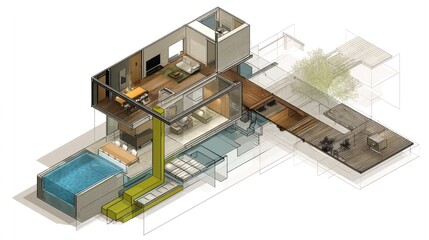 A contemporary architectural illustration showcasing a modern home's design and layout, with a focus on interior and exterior spaces