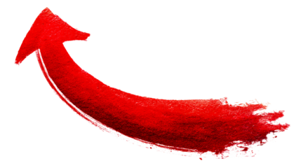 Bold red brush stroke arrow pointing upwards and forwards, cut out transparent