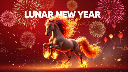 Lunar new year design with fire horse and red background
